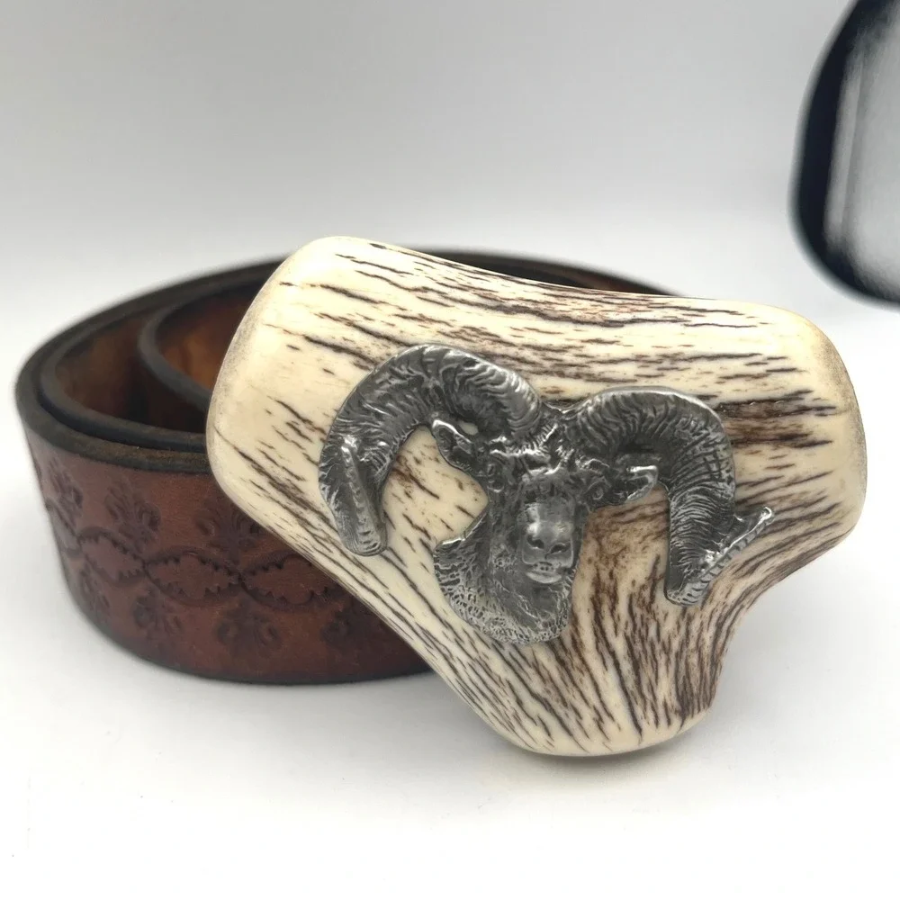 Vtg Antler Burr Belt Buckle 3D pewter Bighorn Ram Tooled Leather Belt Americana